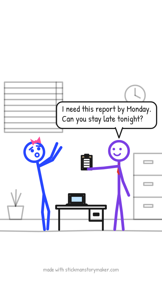 Preview: a scene from the "Boss asks for overtime on Friday" stick figure video