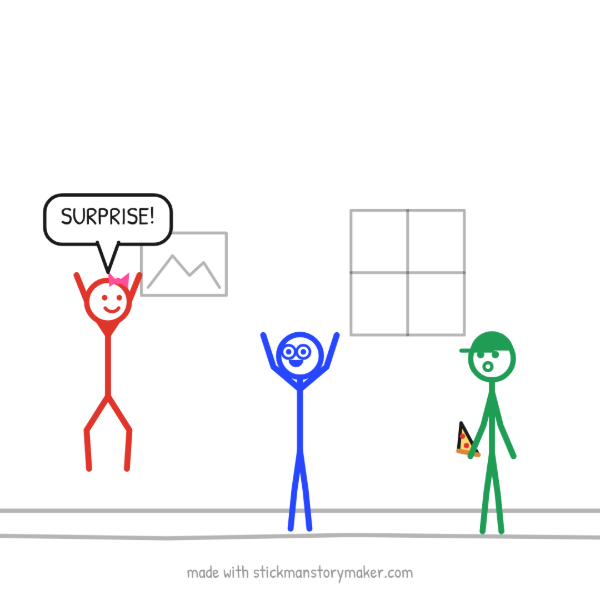 A scene from the "Surprise party mix-up" stick figure video