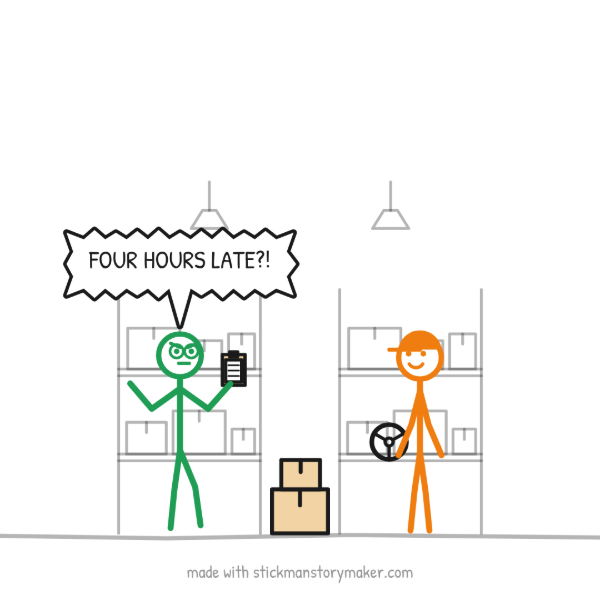 A scene from the "The truck is late again" stick figure video